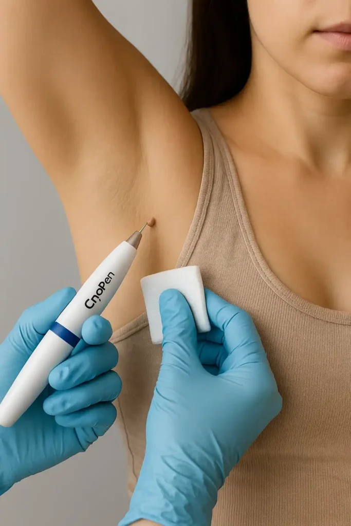 woman having cryopen to remove underarm skin tags Rickmansworth