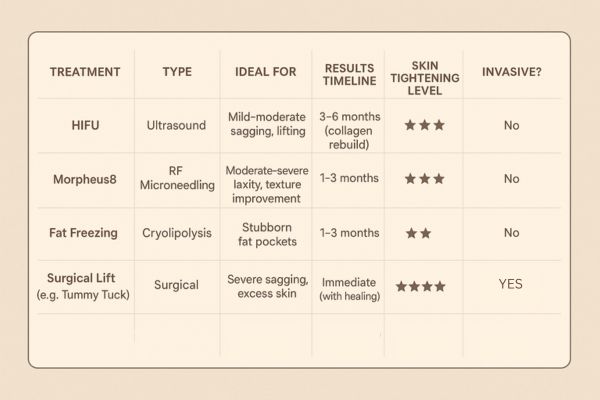 Table showing the comparisons of Skin tightening Rickmansworth treatment options.